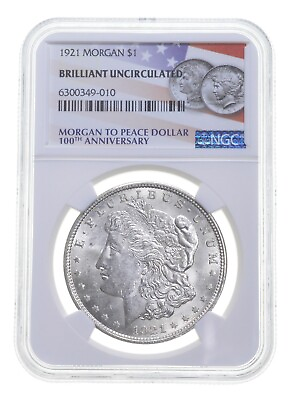 #ad Gem BU Unc 1921 Morgan Silver Dollar NGC 100th 2021 Label Philadelphia