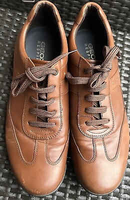 #ad Geox Mens Symbol Man Brown Leather Trainers Cognac Brown Leather sz 11 44