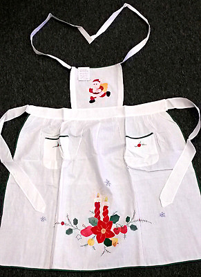 #ad 100% Cotton Embroidered Christmas Santa Red Candle poinsettia Apron One Size
