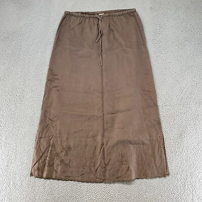 #ad J. Jill Midi Skirt Womens Medium 100% Linen Embroidered Brown Slit Lagenlook