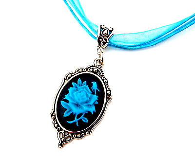 #ad TURQUOISE BLUE CAMEO CHOKER ribbon necklace black rose pendant gothic flower Z5