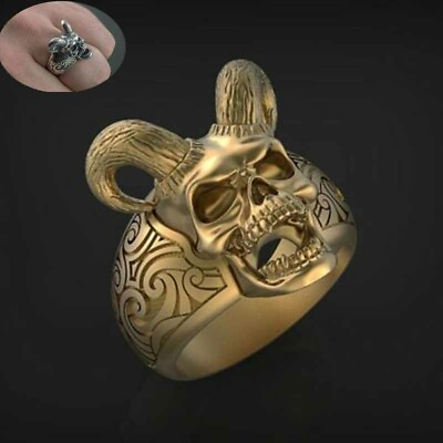 #ad Stainless Jewelry Silver Gold Skull Devil Satan Ring Punk Biker Steel Gothic