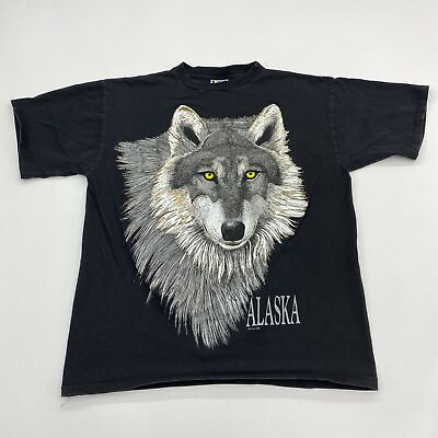 #ad Vintage Island T Shirt Mens L Black Short Sleeve Crew Neck Alaska Wolf Print Tee