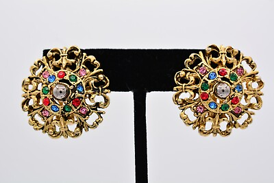 #ad Vintage Crystal Clip Earrings Multi Color Rhinestone Antiqued Gold Chunky BinAE