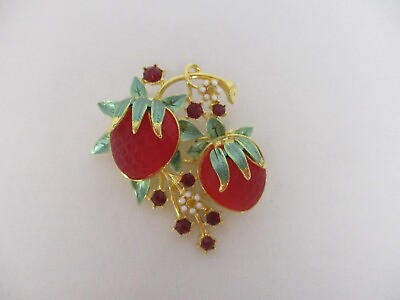 #ad VTG SIGNED 1998 GRAZIANO RED GLASS ENAMEL CRYSTAL STRAWBERRY RASPBERRY BROOCH