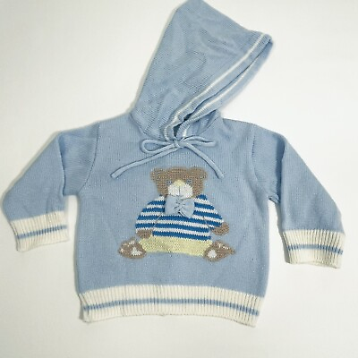 #ad Nannette Baby Sweater Blue Hooded Teddy Bear Zip Back Nann Knits 6 9mo Vintage