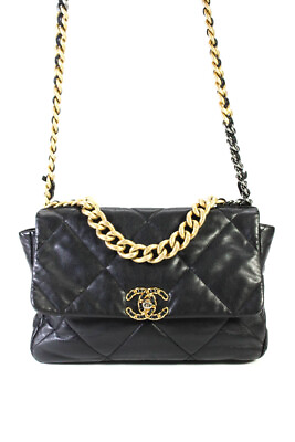#ad Chanel Womens Interlocking CC Quilted Leather Large 19 Flap Bag Handbag Black