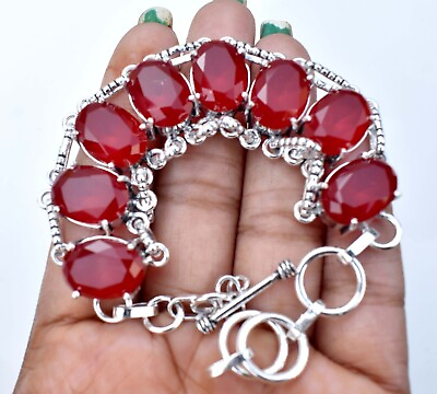 #ad Red Emerald 925 Sterling Silver Gemstone Handmade Jewelry Bracelet Size 7.8quot;