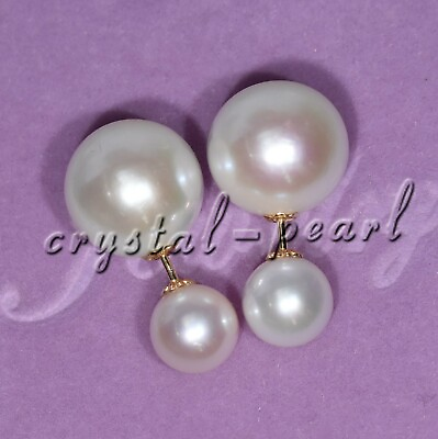 #ad AAAA Real natural white pearl earrings 18K yellow gold 11 10mm7 8mm A PAIR