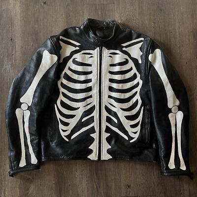#ad Men#x27;s Leather Jacket Motorcycle Skeleton Biker Genuine Cow Leather Jacket