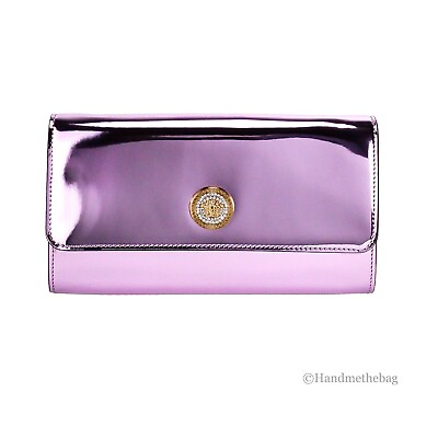 #ad Versace Medusa Lilac Crystal Metallic Leather Evening Crossbody Clutch Handbag