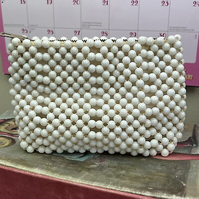 #ad Vtg Mod Bead Purse White Go Go Clutch Bag 70s Plastic Hong Kong Mini Handbag