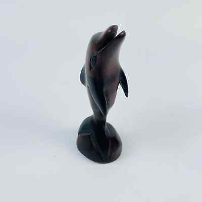 #ad Carved Wood Dolphin Figurine Dark Brown Black Fins 5 3 4”
