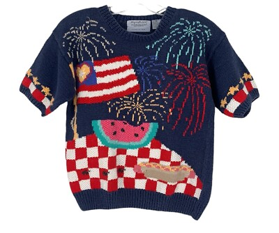 #ad Vintage Americana July 4th Sweater Hand Knit Signatures Northern Isles Medium