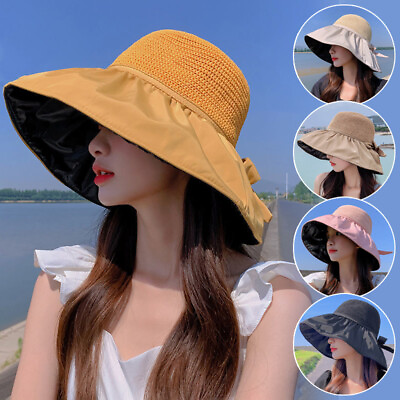 #ad Women Wide Brim Sun Bucket Hat Knit Sunscreen UPF 50 Holiday Bowknot Beach Hat