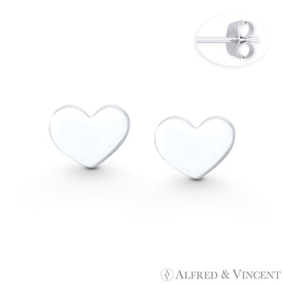 #ad Flat Heart Love Charm 6mm x 8mm Pushback Stud Earrings 925 Sterling Silver Studs