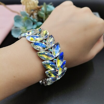 #ad Leaf Shape Crystal Bracelet Stretch Bracelet Large Crystals Statement A4