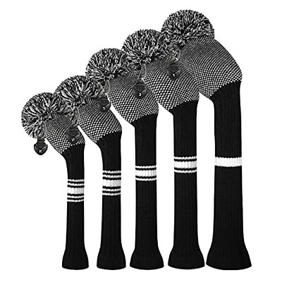 #ad Knit Golf Club Cover with a Pom Set of 5 Orderly Black and White Dot Head Cov...
