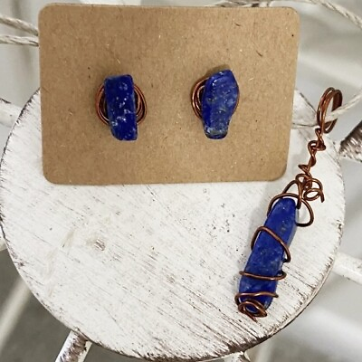 #ad Handcrafted Lapis Lazuli Gemstone Earrings amp; Necklace Set Wire Wrap Detailing