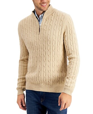 #ad Club Room Mens Cable Knit Quarter Zip Sweater Toast Heather Tan Brown Large