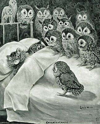 #ad Cat Nightmare of Owls by Louis Wain art painting print