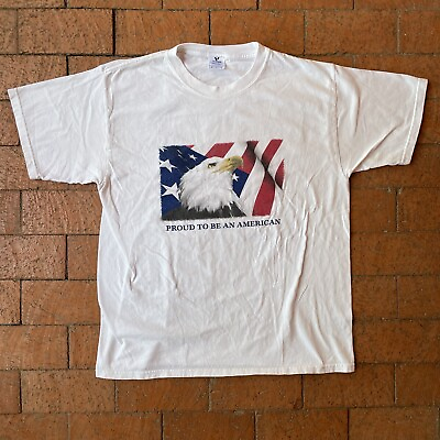 #ad Vintage Yazbek T Shirt White Sz Large Proud To Be An American Eagle US Flag Tee