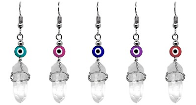 #ad Evil Eye Crystal Earring Wire Wrapped Clear Quartz Point Dangle Healing Jewelry
