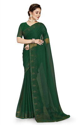 #ad Designer Green Hot Fix Siroski Embroidery Work Sari Shimmer Silk PartyWear Saree