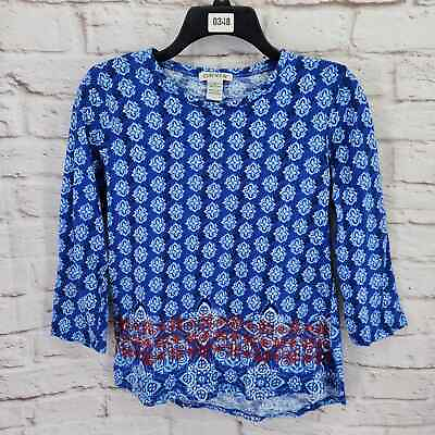 #ad Orvis Embroidered Top Women Size Small 3 4 Length Sleeve Blue Red Boho Print