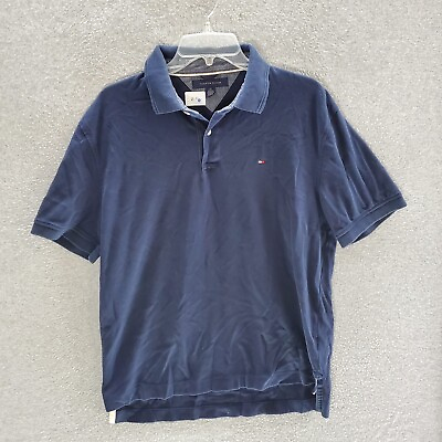 #ad Tommy Hilfiger Men Polo Shirt Large Navy Logo Embroidered Short Sleeve Collar