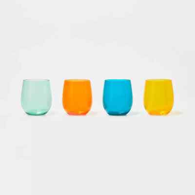 #ad 14oz 4pk Stemless Wine Glasses • Orange Blue Yellow Clear Free Shipping