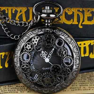 #ad Steampunk Quartz Pocket Watch Vintage Hollow Out Analog Necklace Black Gift Mens