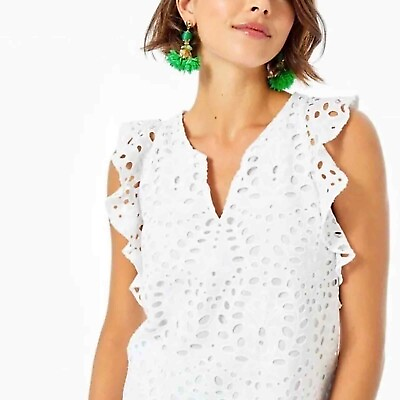 #ad NWT Lilly Pulitzer Faun Top Petal Eyelet XS Embroidered Flutter Cotton White