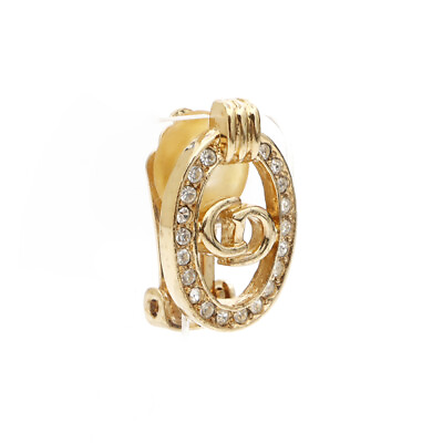 #ad Christian Dior Logo Rhinestone Clip on Earrings Gold H25mm x W15mm Women