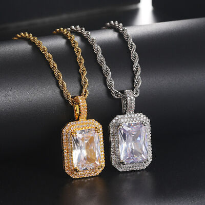 #ad Colorful Hip Hop Square Zircon Pendant Necklace Women White Yellow Gold Jewelry
