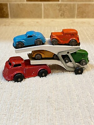 #ad *RARE*VTG 1950#x27;s BARCLAY TRANSPORT HAULER RED CAB BLUE YELLOW GREEN ORANGE CARS