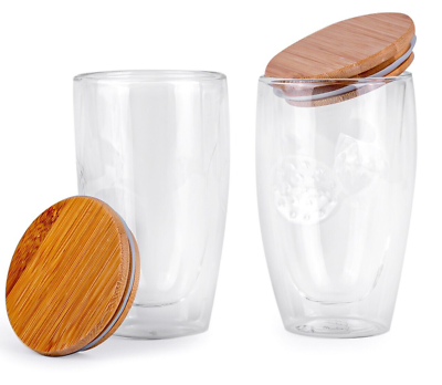 #ad SET OF 2 Thermo Double Wall Clear Glass Mugs with Bamboo Lid Insulated 2x400ml