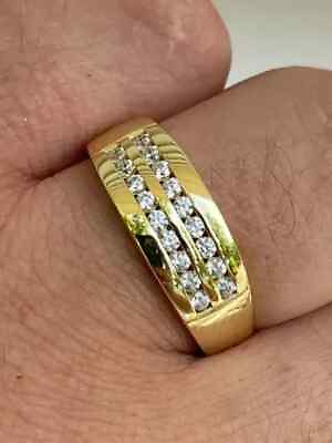 #ad 14K Yellow Gold Over Lab Created Round Diamond Mens Wedding Band Engagement Ring