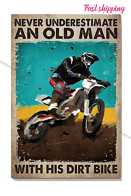 #ad Old Man With Dirt Bike For Garage Motobike Retro Rider poster Wall Art Vertical