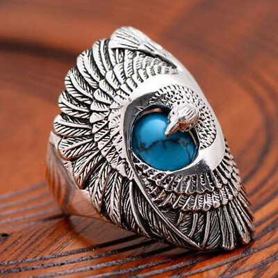 #ad 925 Silver Band Hawk Eagle Ring Turquoise Men#x27;s Women Punk Biker Jewelry Sz 6 10