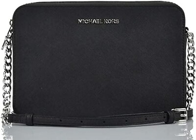#ad Michael Kors Jet Item Large EW Crossbody Black Silver Saffiano Leather Bag