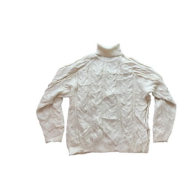 #ad Vintage James Dillon Acrylic Sweater White Mens L Cable Knit Turtleneck