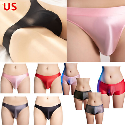 #ad US Mens Bikini Briefs Silky Sissy Bulge Pouch Panties Shiny Oil Underwear Trunks $8.09