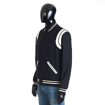 #ad SAINT LAURENT PARIS 2690$ Teddy Jacket In Black Wool amp; White Leather