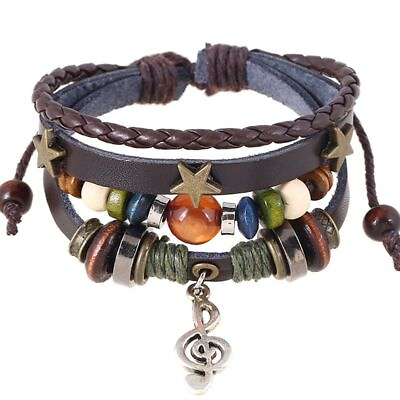 #ad Wooden Leather Beaded Charms Bangles Men Star Metal Charm Adjustable Bangle 1pcs