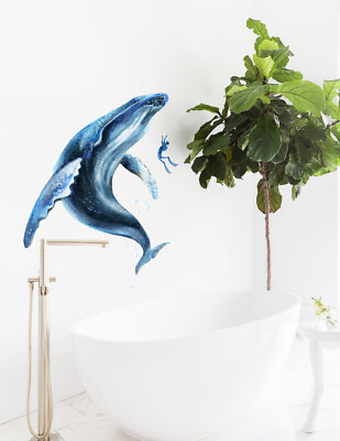 #ad Whale And Diver Wall Bathroom Kids Room Removable Décor Watercolor Sticker Decal