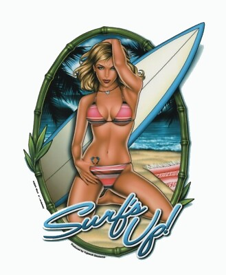 #ad 8 Inch SEXY Surf#x27;s Up SURFER Pin Up Sticker BEACH Surfboard Rare VINYL Decal