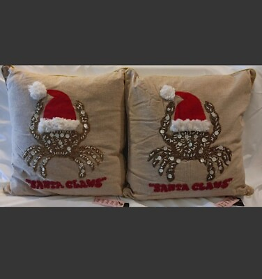 #ad Nautical Christmas Holiday Beaded Crab Santa Claws Pillow 18”x18” Gold Red Beige