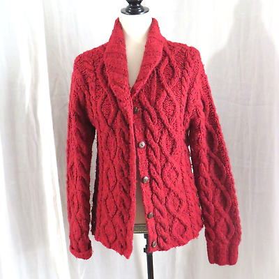 #ad Carraig Donn Heathered Red Aran Hand Knit Cable Cardigan Made in Ireland S
