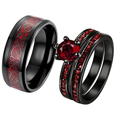 #ad 2 Rings His and Hers Couple Rings Red Cz Rings Womens Wedding Ring Sets Titan...